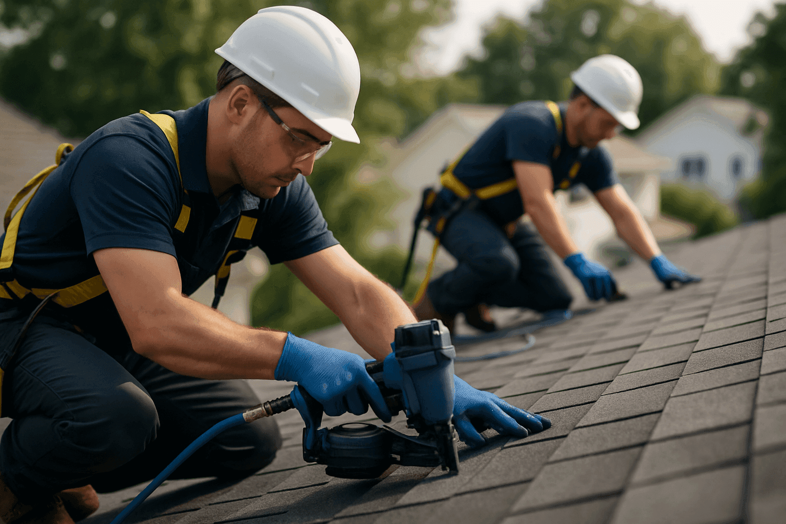 OSHA-compliant workers perforng residential roofing on a shingled roof with safety gear