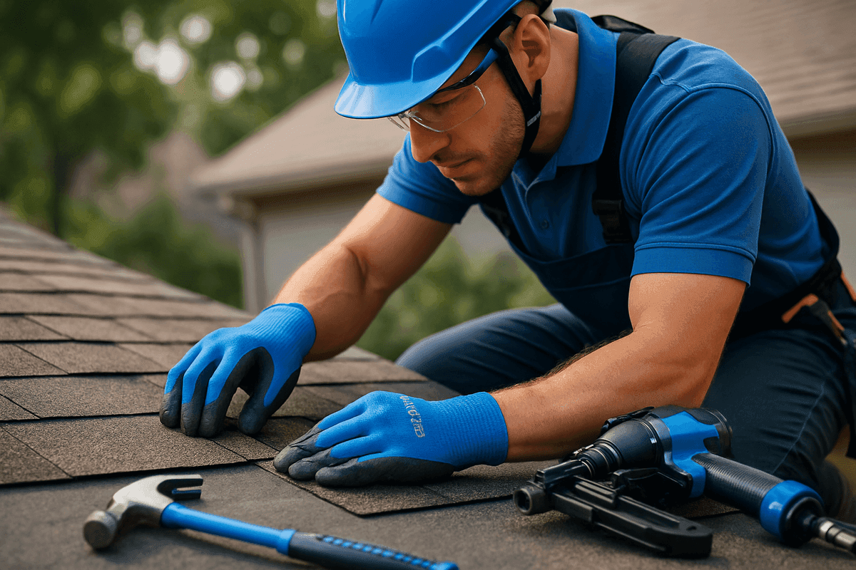 Close-up of gloved hands aligning asphalt shingles on a residential roof with safety tools