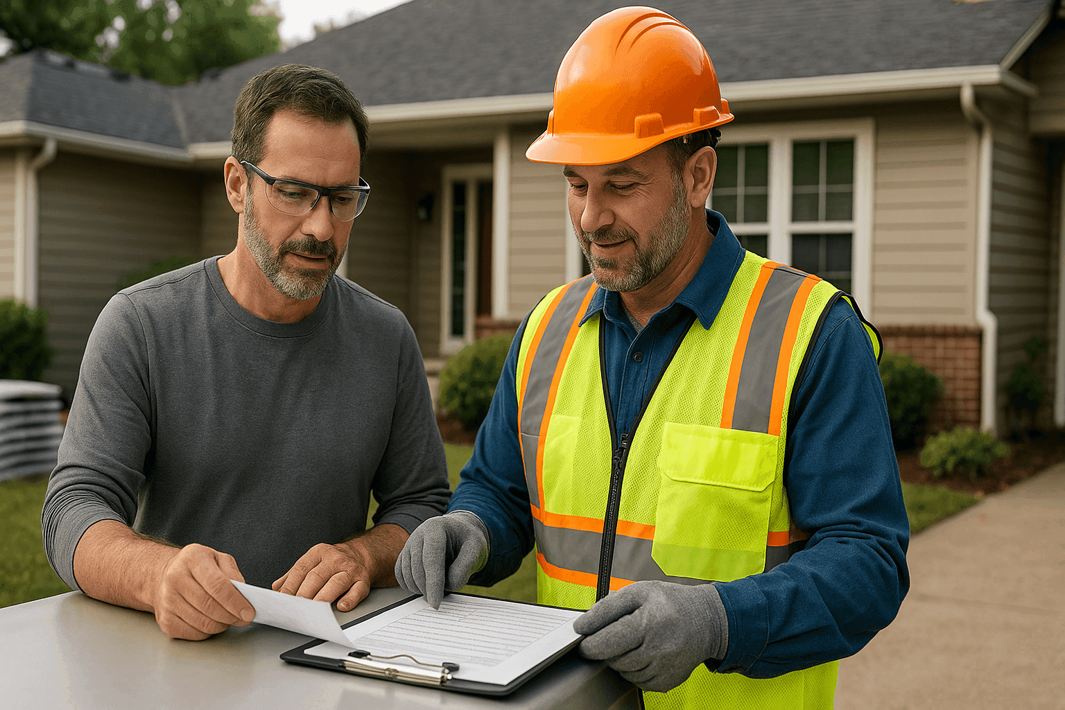Homeowner reviewing roofing contractor's credentials and checklist