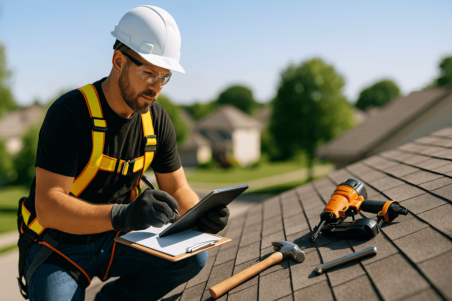 Roofer evaluating residential rooftop for replacement estimate